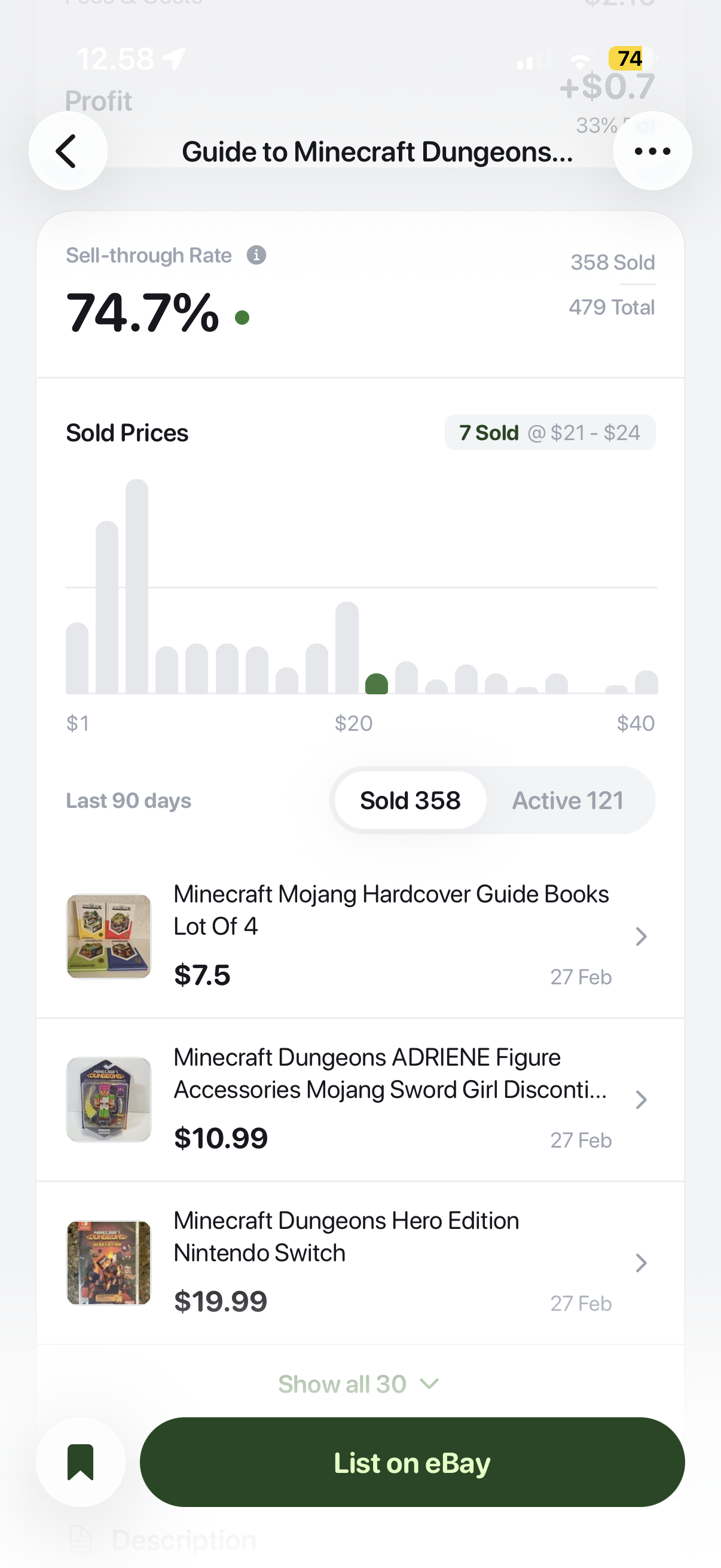 ThriftAI sold-prices screen showing real market data and recent sales